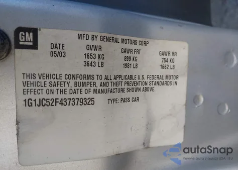 2003 Chevrolet Cavalier из США, поврежденный, VIN 1G1JC52F437379325